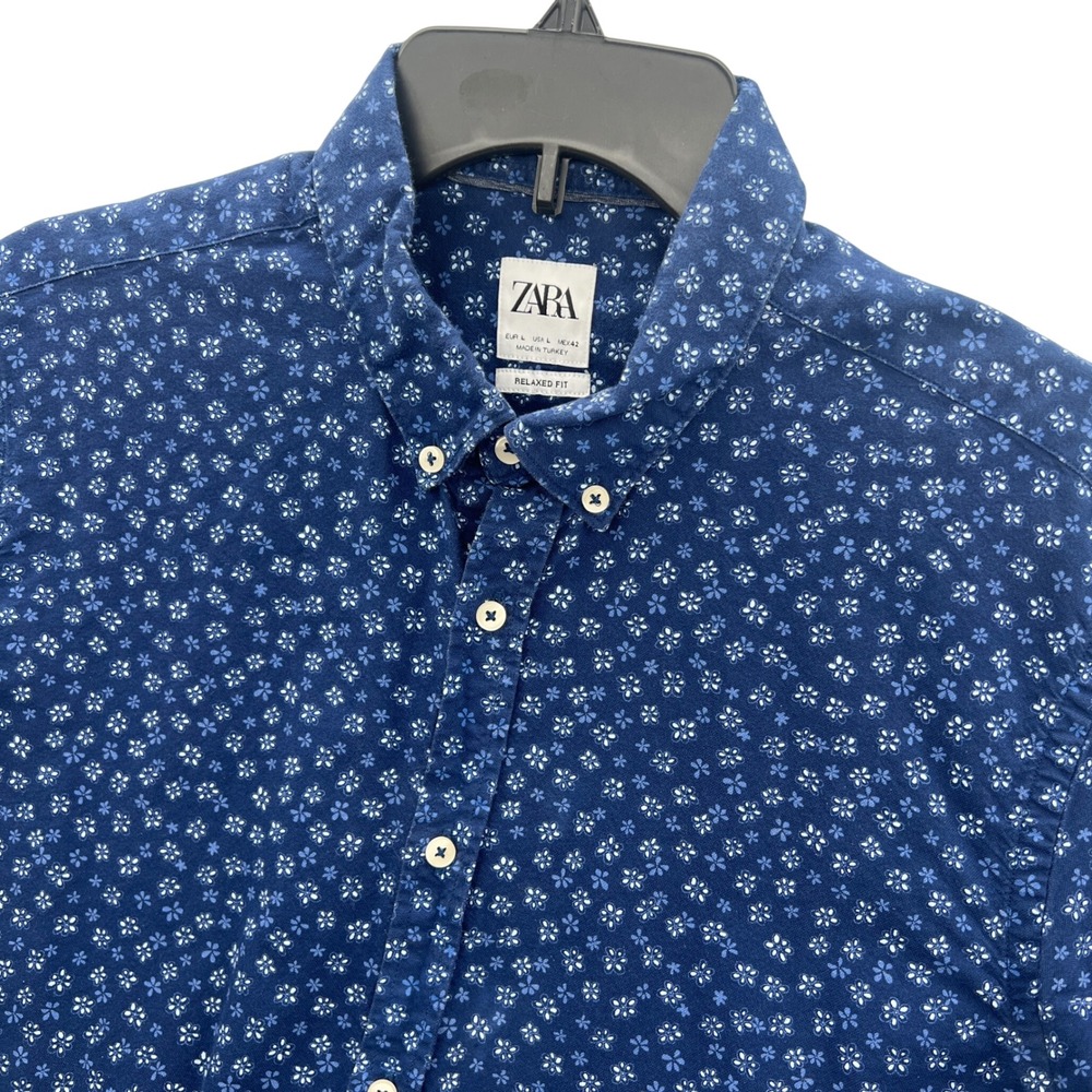 Zara Mens Relaxed Fit Blue Floral Short Sleeve Button Down Shirt Size L Casual